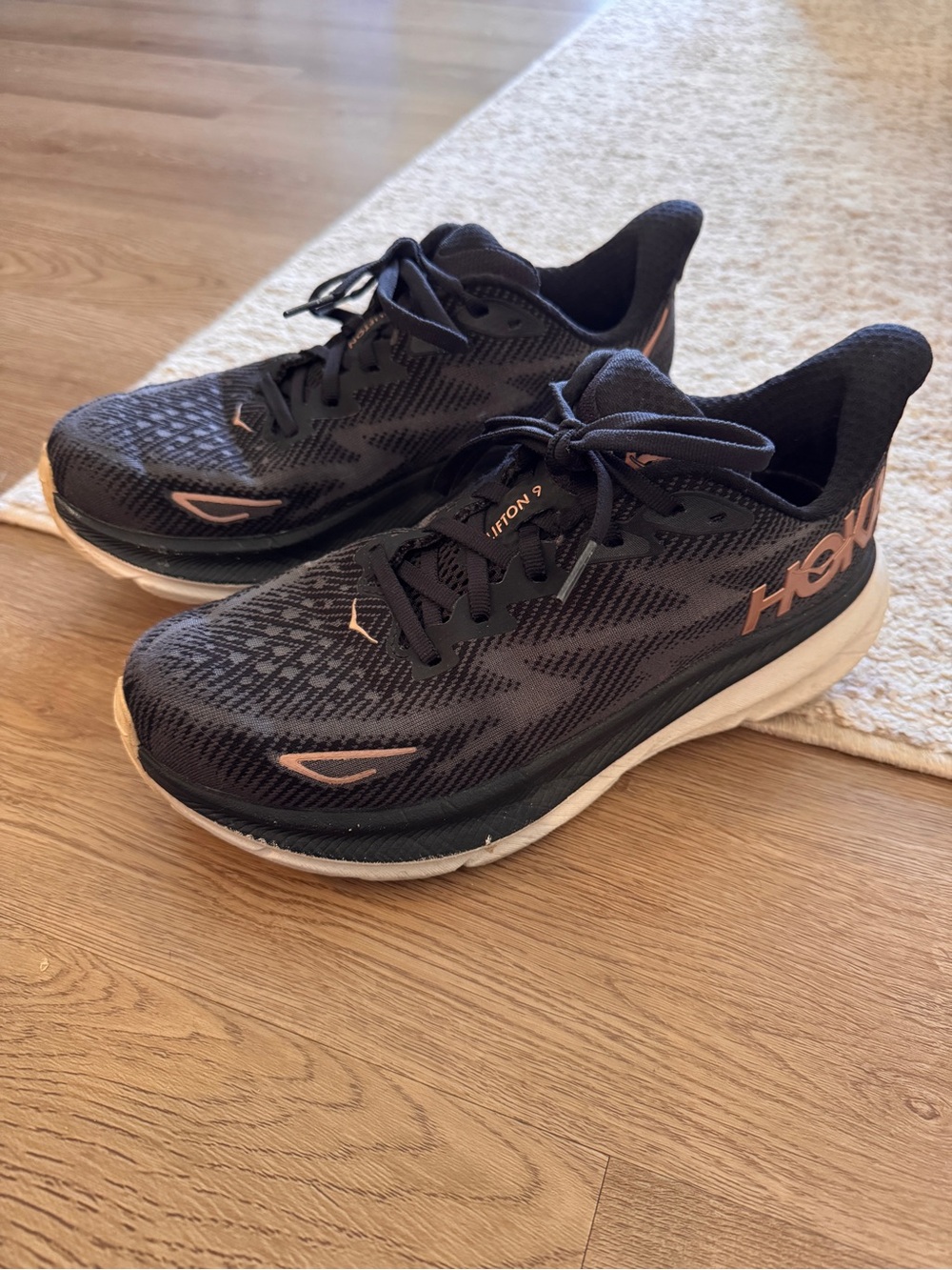 Clifton 9 Hoka Black and Rose Gold Running Shoes